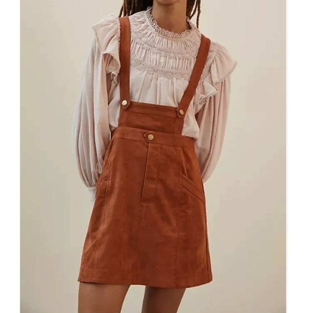 Anthropologie Faux Suede Skirt Pinafore Overalls Womens Sz 4 Rust Brown Academia